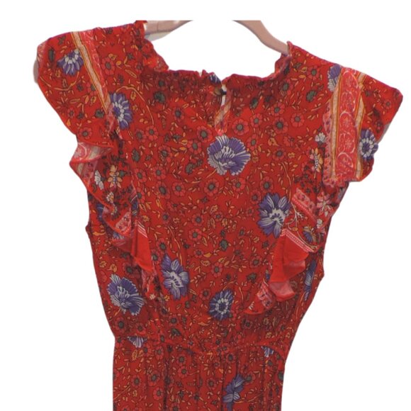 Small Boho Floral Red Midi Dress – Ruffle Sleeves, Smocked Waist, Flowing Skirt - Picture 3 of 4
